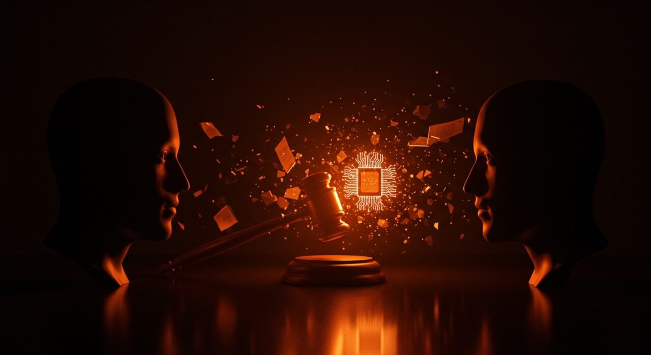 Representación conceptual de un juicio legal entre fundadores de IA, Sam Altman y Elon Musk, enfocado en gobernanza de startups.