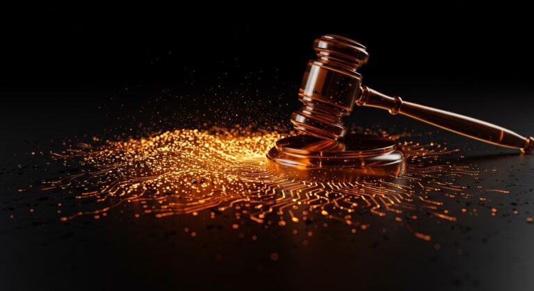 Representación conceptual de gobernanza corporativa y legal en startups de inteligencia artificial basada en el caso OpenAI y Elon Musk.
