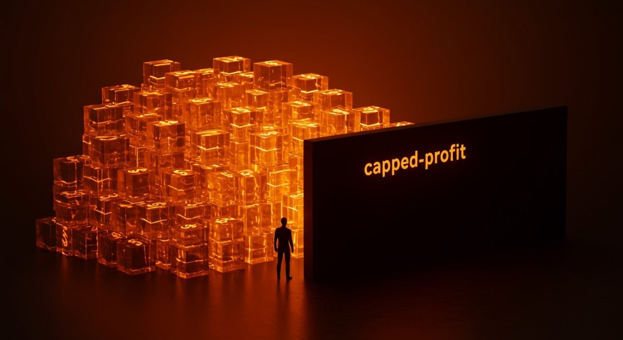 Estructura accionaria de OpenAI y el modelo capped-profit, representando la valoración de 500 billones y la ausencia de equity de Sam Altman.