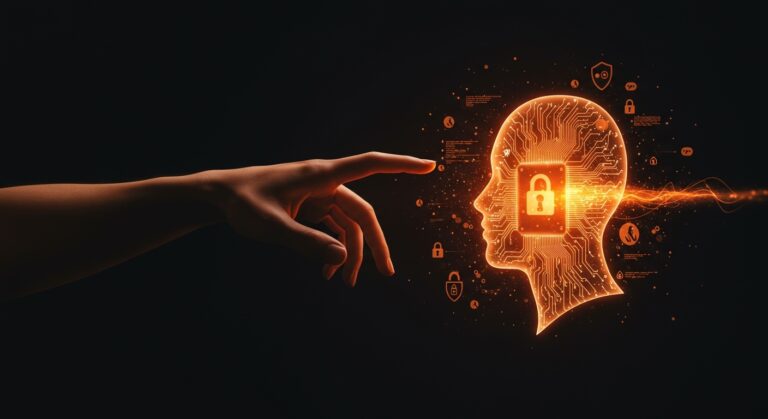 Representación conceptual de seguridad y ética en IA conversacional con el enfoque de OpenAI Trusted Contact y regulaciones 2026.