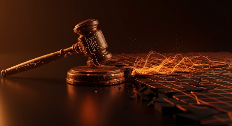 Símbolo de conflicto legal entre OpenAI y Elon Musk representado por un martillo de juez digital en tonos naranja y negro, analizando la gobernanza de la IA para startups.
