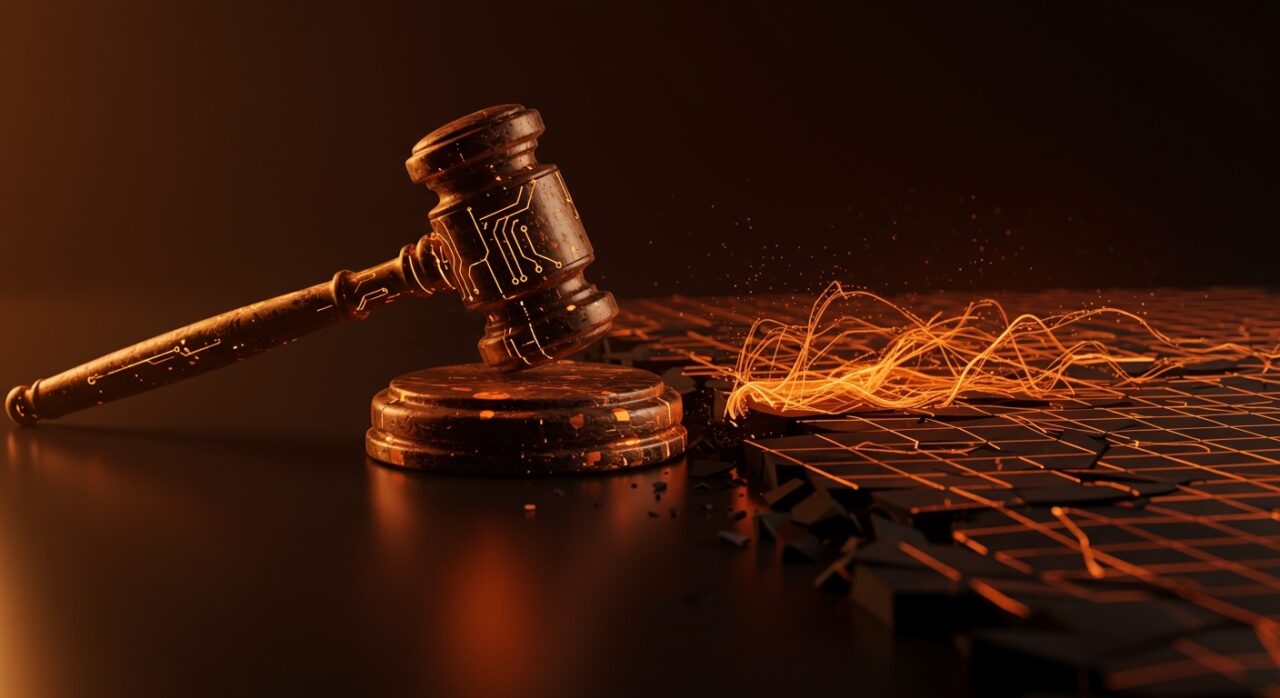 Símbolo de conflicto legal entre OpenAI y Elon Musk representado por un martillo de juez digital en tonos naranja y negro, analizando la gobernanza de la IA para startups.