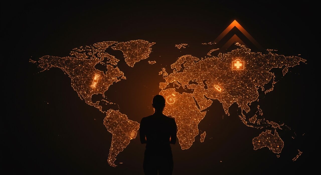 Fundador de startup healthtech frente a un mapa digital de Europa bloqueado por regulación EU AI Act, representando OpenEvidence y alternativas en IA médica.