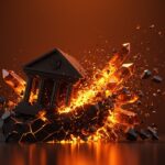 Representación conceptual de la quiebra de una fintech con estructuras digitales colapsando en colores naranja y negro, analizando lecciones para fundadores.