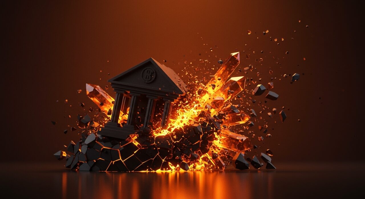 Representación conceptual de la quiebra de una fintech con estructuras digitales colapsando en colores naranja y negro, analizando lecciones para fundadores.