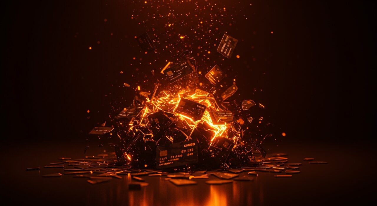 Representación conceptual de la quiebra de la fintech Parker, mostrando el colapso de estructuras financieras digitales en colores naranja y negro.