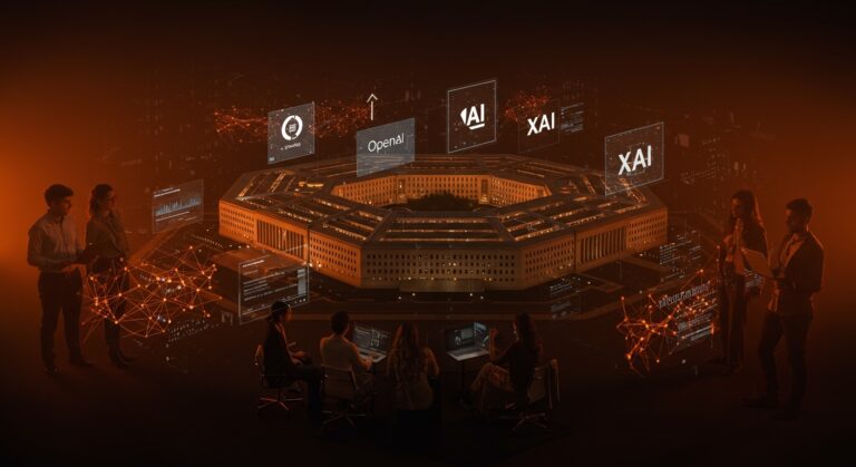 Imagen conceptual del Pentágono firmando contratos de IA con OpenAI y Google, impactando startups de IA en LATAM y España.