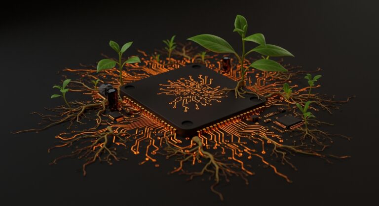 Concepto de permacomputing y sostenibilidad digital para startups, representando la reducción de e-waste y diseño de software sostenible.