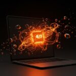 Computadora Mac con agentes de IA automatizados en colores naranja y negro, representando el Perplexity Personal Computer para startups.