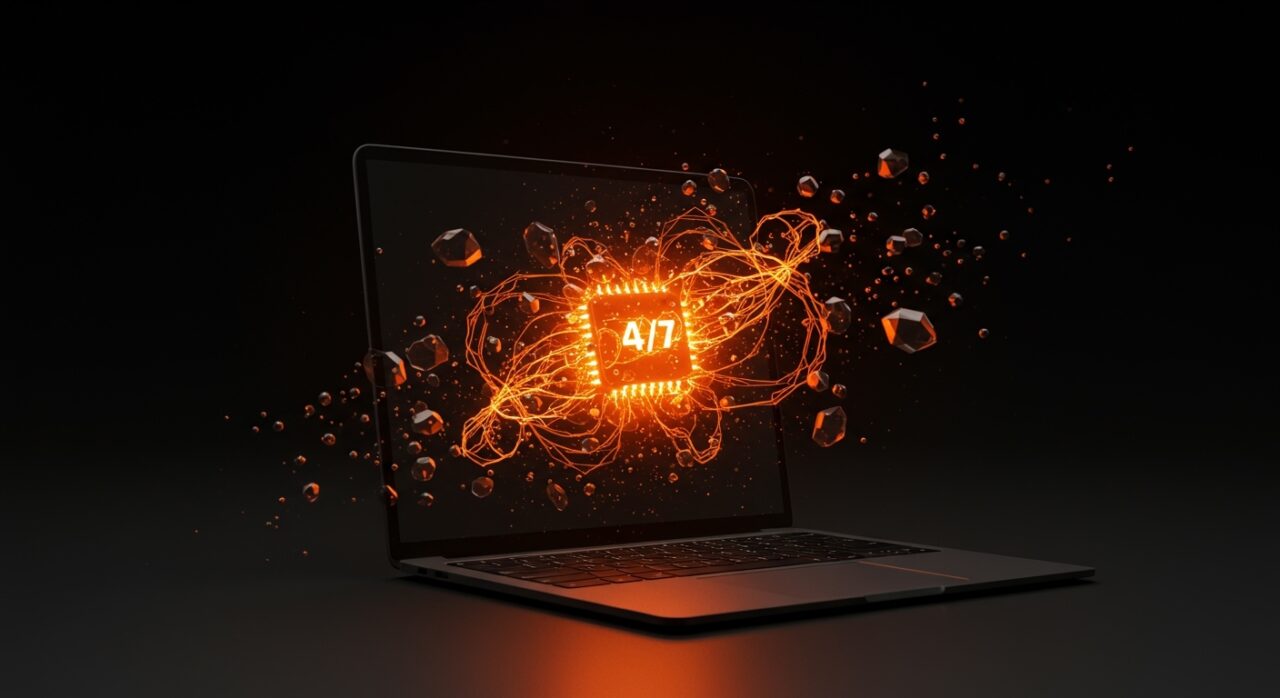 Computadora Mac con agentes de IA automatizados en colores naranja y negro, representando el Perplexity Personal Computer para startups.