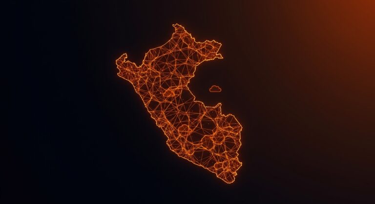 Mapa tecnológico brillante de Perú destacando el crecimiento de la IA empresarial y la transformación digital en el sector bancario y gubernamental.
