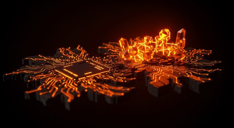 Concepto de arquitectura de software y deuda técnica representado visualmente con teoría y código en tonos naranja y negro.
