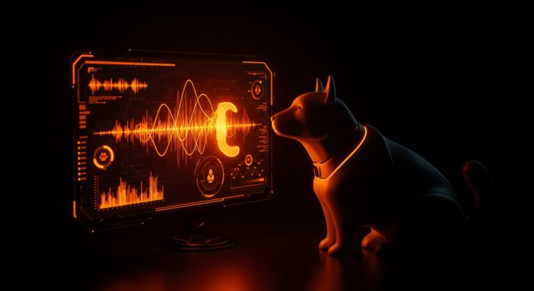 IA multimodal traduciendo ladridos de mascotas, representando la innovación en el sector pet-tech 2026.