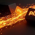 Representación conceptual de Pix Brasil superando a redes de pagos tradicionales con flujos de datos naranjas y negros, simbolizando la disrupción fintech en LATAM.