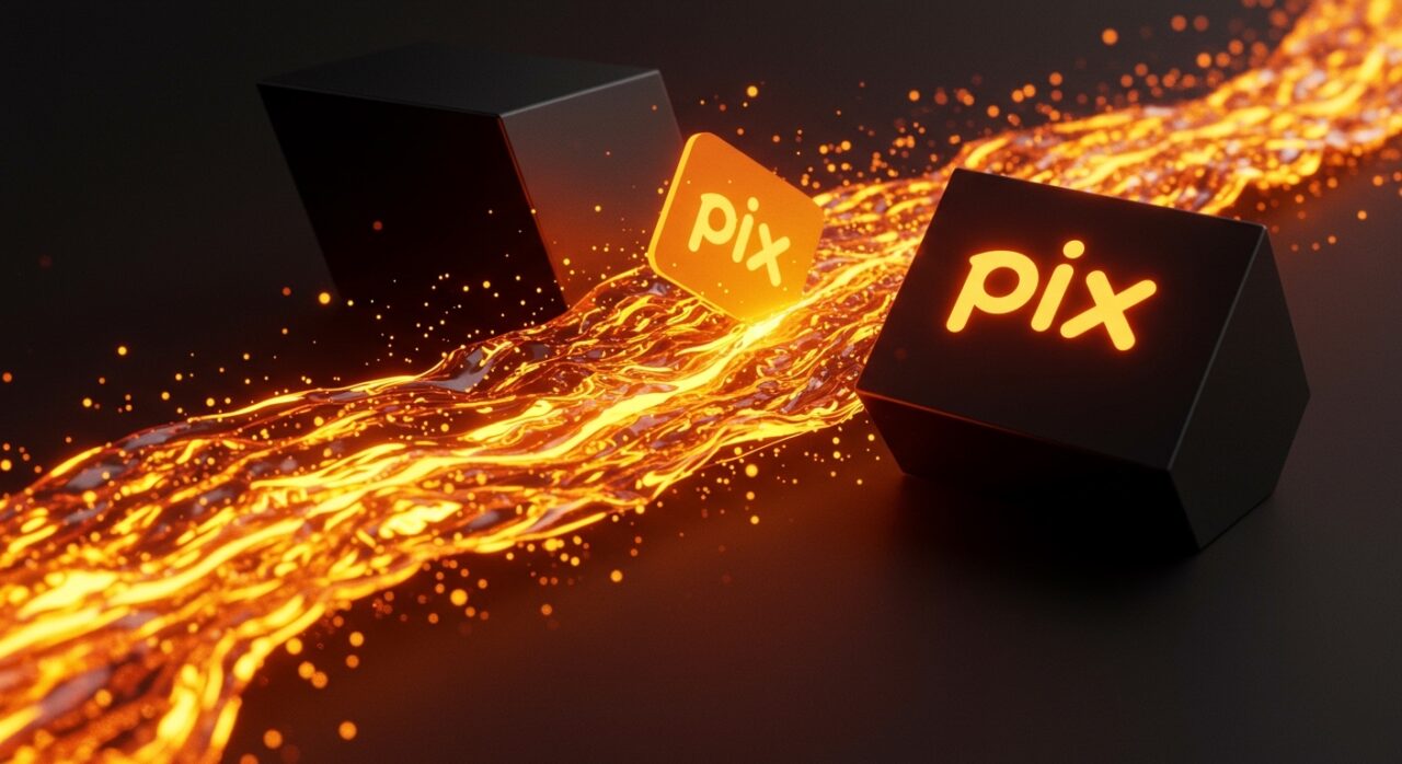 Representación conceptual de Pix Brasil superando a redes de pagos tradicionales con flujos de datos naranjas y negros, simbolizando la disrupción fintech en LATAM.
