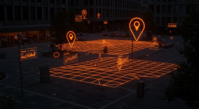 Capa digital de geolocalización inteligente sobre un espacio físico urbano, representando la tecnología phygital de Placenet.