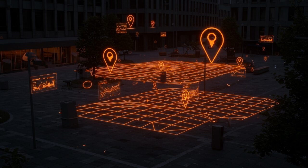 Capa digital de geolocalización inteligente sobre un espacio físico urbano, representando la tecnología phygital de Placenet.