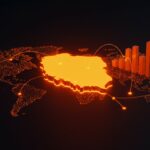 Mapa digital conceptual de Polonia y redes de conexión globales en naranja y negro, simbolizando el crecimiento económico y escalabilidad de startups en mercados emergentes.