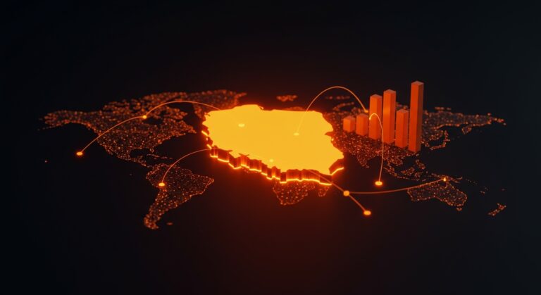 Mapa digital conceptual de Polonia y redes de conexión globales en naranja y negro, simbolizando el crecimiento económico y escalabilidad de startups en mercados emergentes.