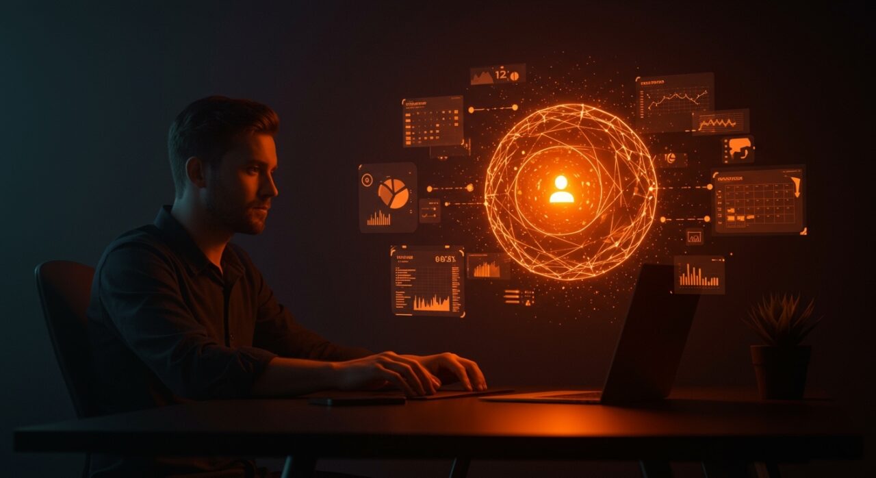 Asistente de IA proactivo para founders organizando un ecosistema digital de productividad en tonos naranja y negro.