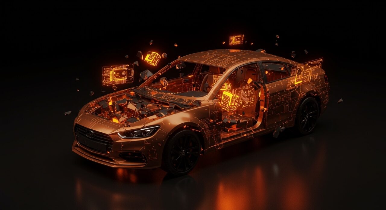 Concepto visual de reestructuración estratégica de Porsche, simbolizando la caída de beneficios y la necesidad de un pivot en hardware automotriz.
