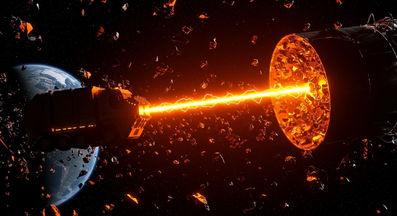 Camión de basura espacial conceptual en órbita terrestre, representando la sostenibilidad orbital y el crecimiento de la industria SpaceTech.