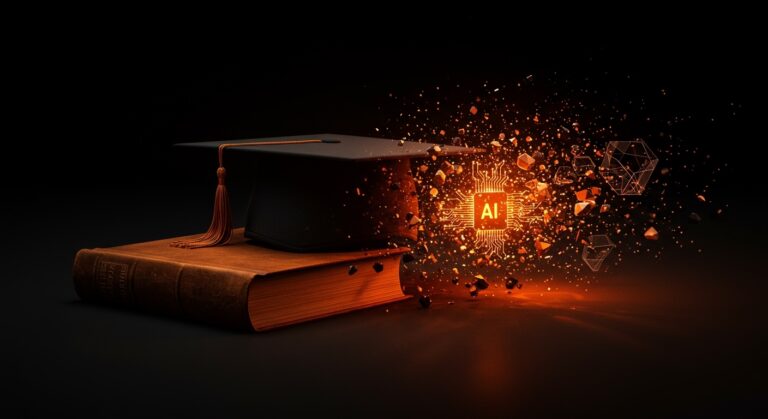 Representación conceptual de la inteligencia artificial impactando la integridad académica y el mercado de EdTech en Princeton.