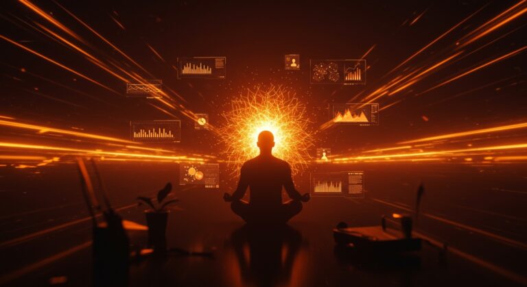 Representación conceptual de la productividad de un founder equilibrando la inteligencia artificial y el bienestar mental para evitar el burnout.