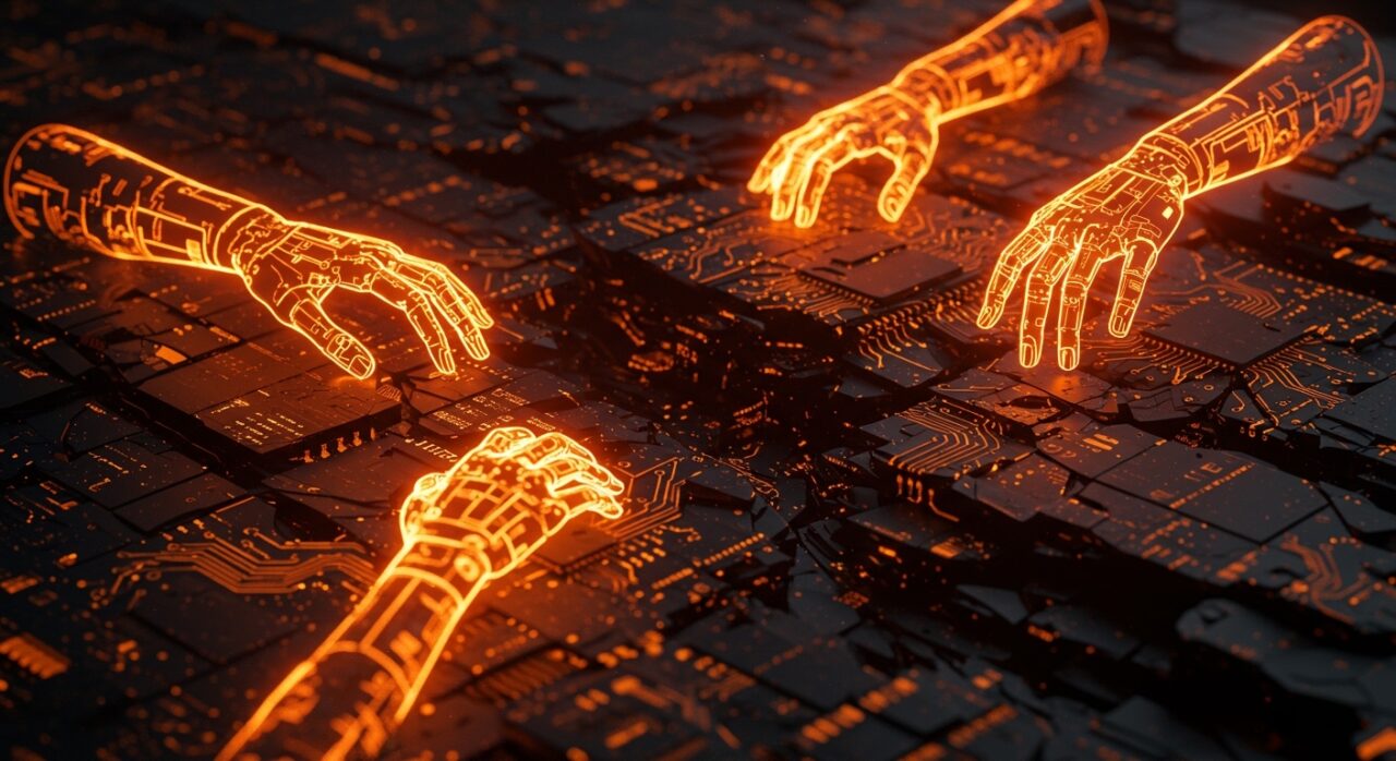 Representación conceptual de la falla de la IA en tareas complejas de programación mediante un laberinto digital incompleto en colores naranja y negro.