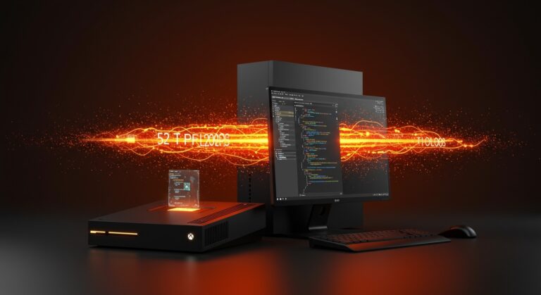 Concepto visual de Project Helix de Xbox con hardware de alta potencia y entorno de desarrollo unificado para startups de videojuegos.