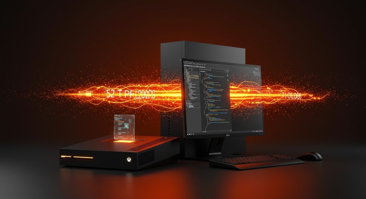 Concepto visual de Project Helix de Xbox con hardware de alta potencia y entorno de desarrollo unificado para startups de videojuegos.