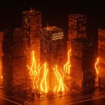 Representación conceptual de PropTech Latam con edificios digitales y flujo de capital naranja para startups de Real Estate.