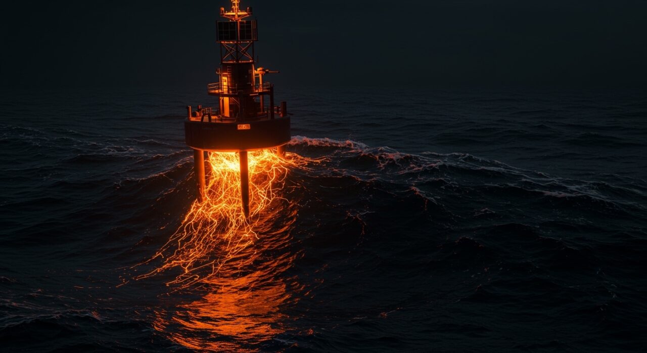 Boya Marmok A-5 de IDOM capturando energía undimotriz en el Mar Cantábrico, innovación deeptech en renovables marinas.
