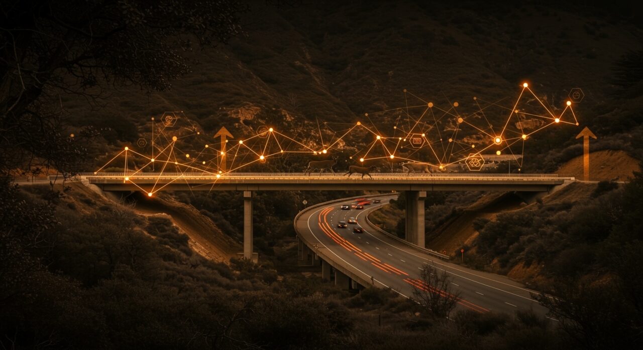 Puente para fauna en California, ejemplo emblemático de infraestructura sostenible y financiamiento público-privado en tecnología verde.