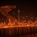 Conexión digital entre fintechs latinoamericanas y Silicon Valley, representando la aceleración de startups y el levantamiento de capital venture capital.