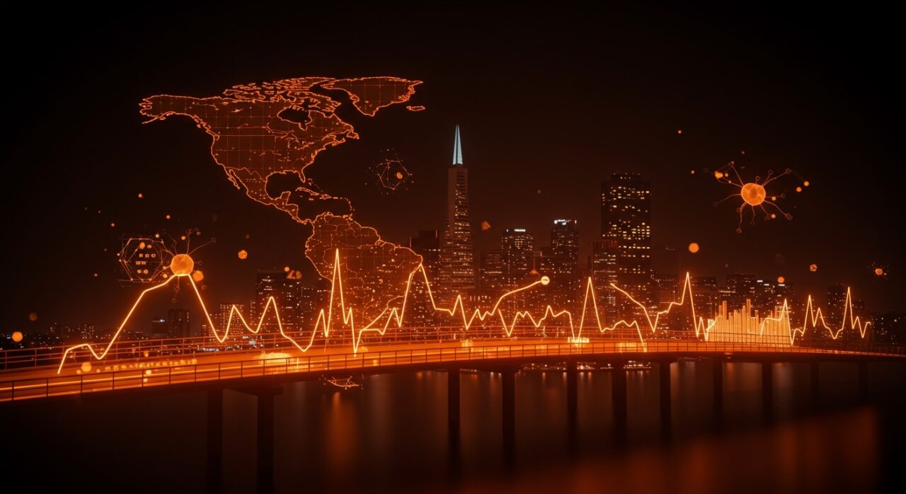 Conexión digital entre fintechs latinoamericanas y Silicon Valley, representando la aceleración de startups y el levantamiento de capital venture capital.