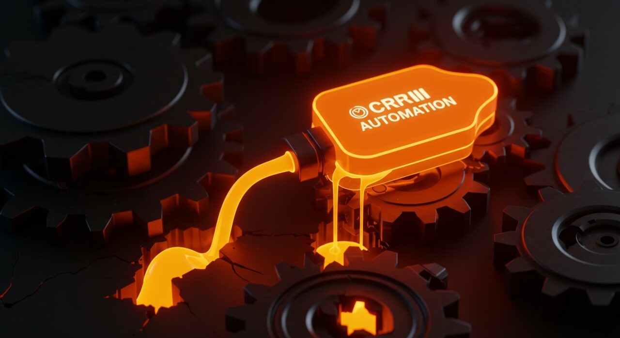 Metáfora de fugas de ingresos en pymes mediante flujo de datos naranjas escapando de un engranaje digital, representando la ineficiencia operativa y la solución CRM.