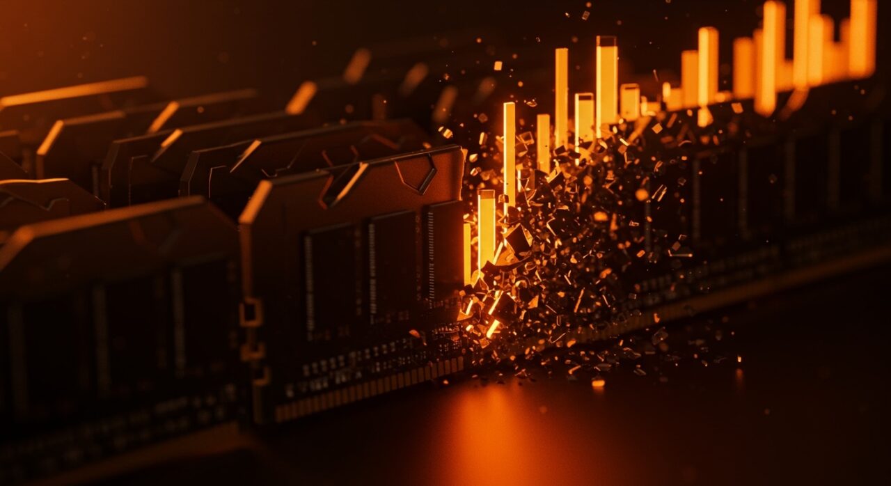 Módulos de memoria RAM DDR5 falsificados y originales bajo luz contrastada, representando la crisis de suministros y hardware para startups.