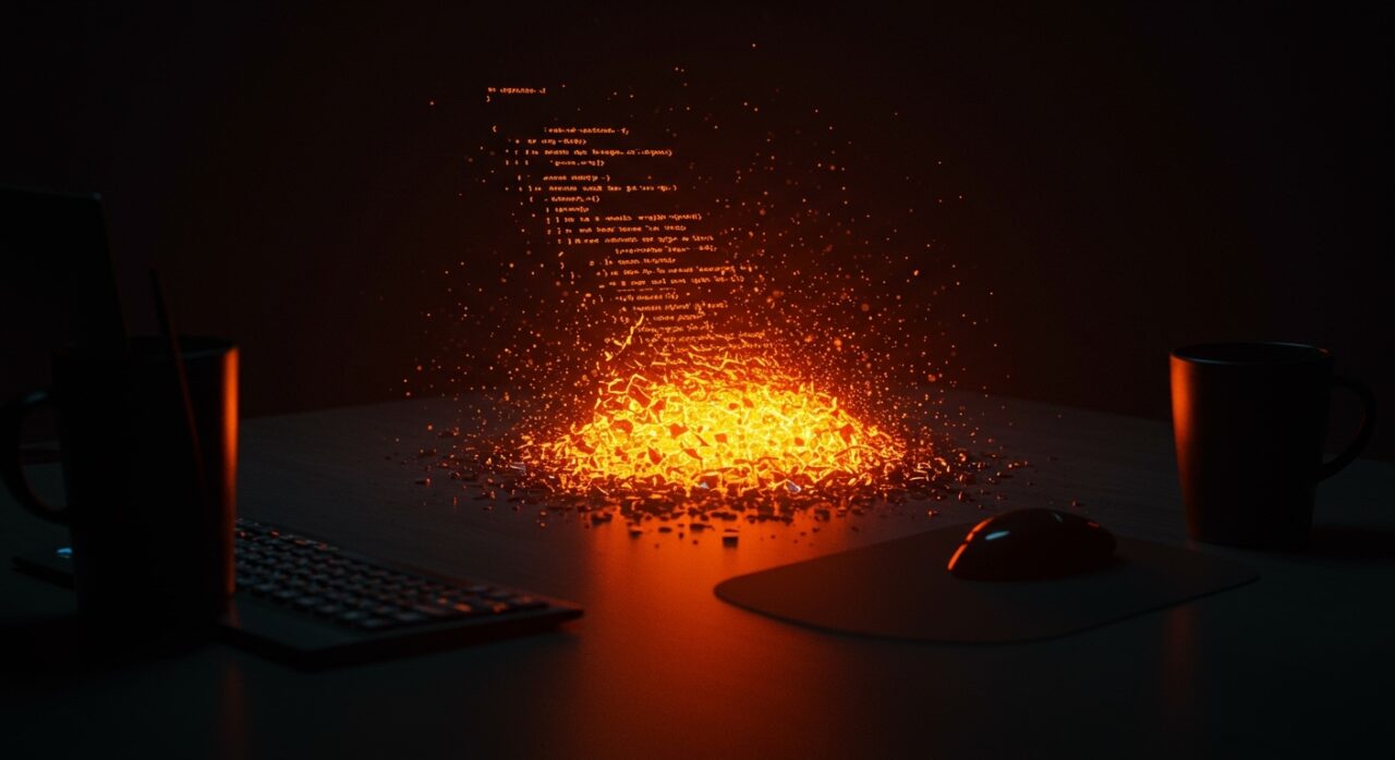 Representación conceptual de la deuda técnica y la pérdida de habilidades en programación por el uso excesivo de IA en startups.