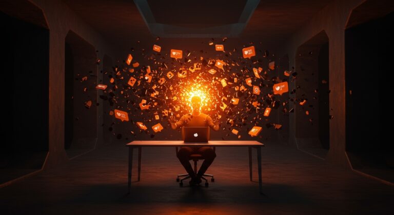 Emprendedor recuperando el enfoque y deep work mediante la gestión de notificaciones digitales en un entorno de startup.