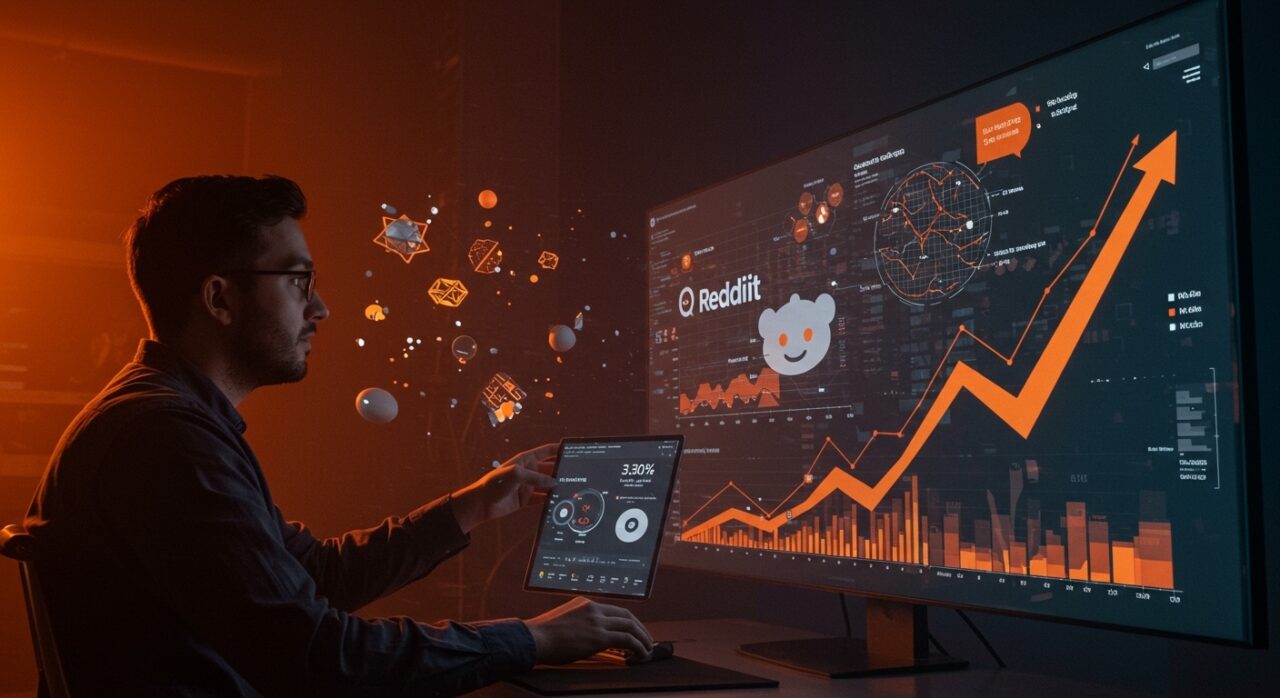 Fundador analizando crecimiento del 30% en búsquedas de Reddit en 2026 para estrategia de marketing startup.