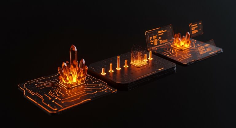 Representación visual de control de versiones para agentes de IA con flujo de datos en naranja y negro, simbolizando LLM Ops y audit trail.