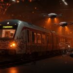 Tren de Renfe con grafitis siendo limpiado con tecnología de drones y IA, ilustrando soluciones innovadoras en seguridad ferroviaria y costos operativos.