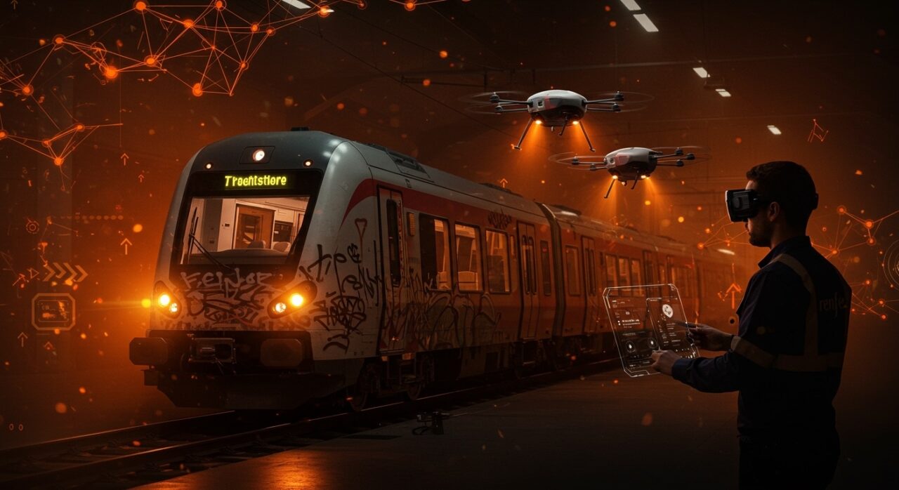 Tren de Renfe con grafitis siendo limpiado con tecnología de drones y IA, ilustrando soluciones innovadoras en seguridad ferroviaria y costos operativos.
