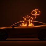 Vehículo Rivian con representación visual de IA y suscripción SaaS, simbolizando la monetización de inteligencia artificial en hardware automotriz.