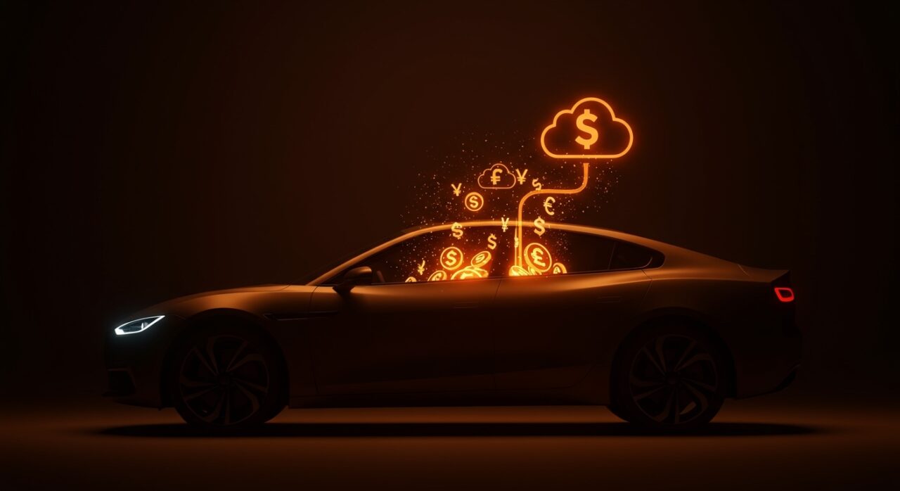 Vehículo Rivian con representación visual de IA y suscripción SaaS, simbolizando la monetización de inteligencia artificial en hardware automotriz.