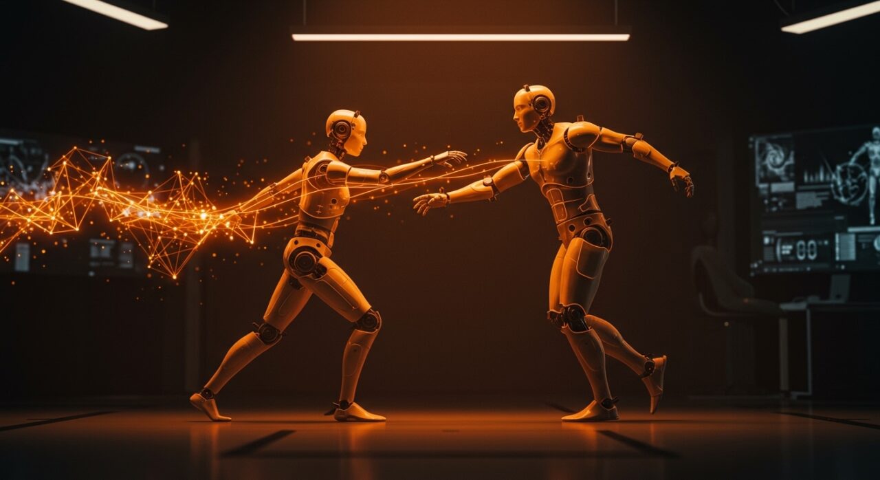 Robot humanoide entrenando movimientos humanos en un entorno tecnológico, representando el crecimiento del mercado de robótica e IA física.