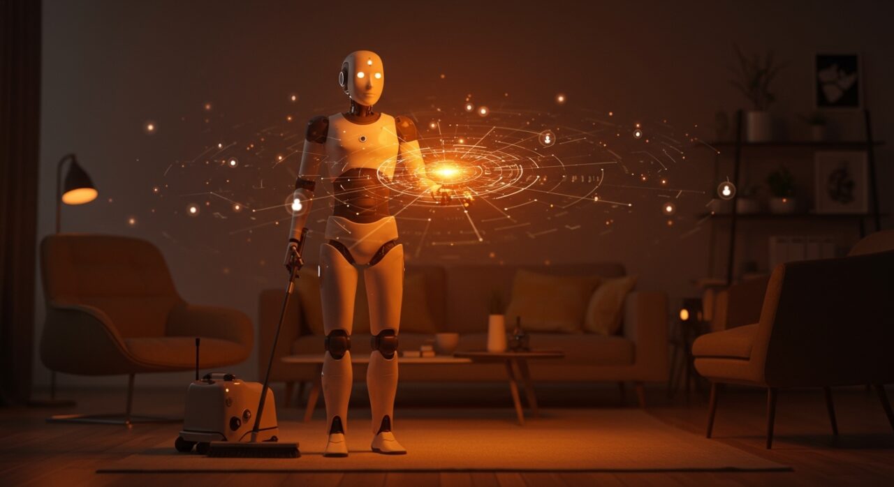 Robot humanoide de limpieza Gatsby analizando datos domésticos para entrenamiento de inteligencia artificial.