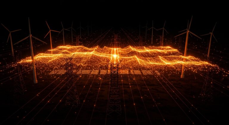 Infraestructura energética con líneas de poder en naranja brillante, simbolizando la inversión de $880M de Grupo México en Saavi Energía y la capacidad de 4.5GW en EnergyTech LATAM.