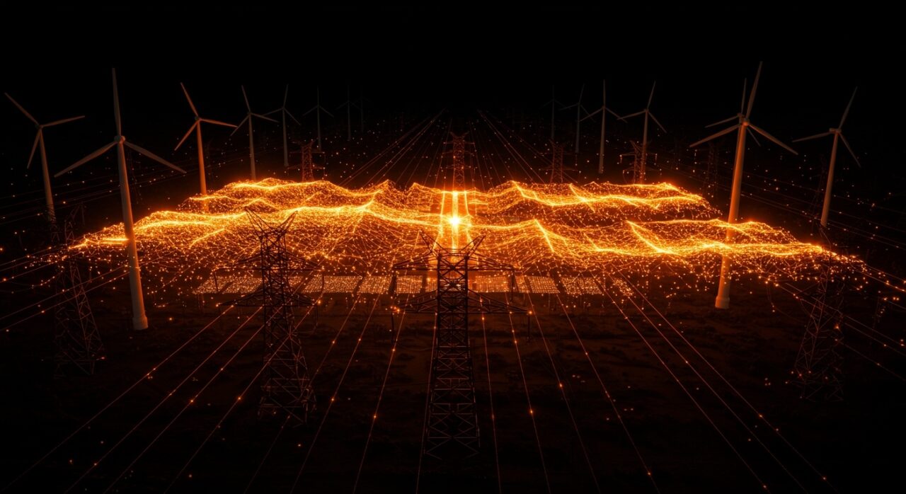 Infraestructura energética con líneas de poder en naranja brillante, simbolizando la inversión de $880M de Grupo México en Saavi Energía y la capacidad de 4.5GW en EnergyTech LATAM.